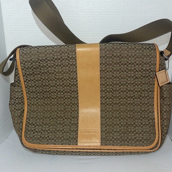 Coach F77004 Khaki Signature Messenger Crossbody Briefcase Laptop Bag - Picture 2 of 9